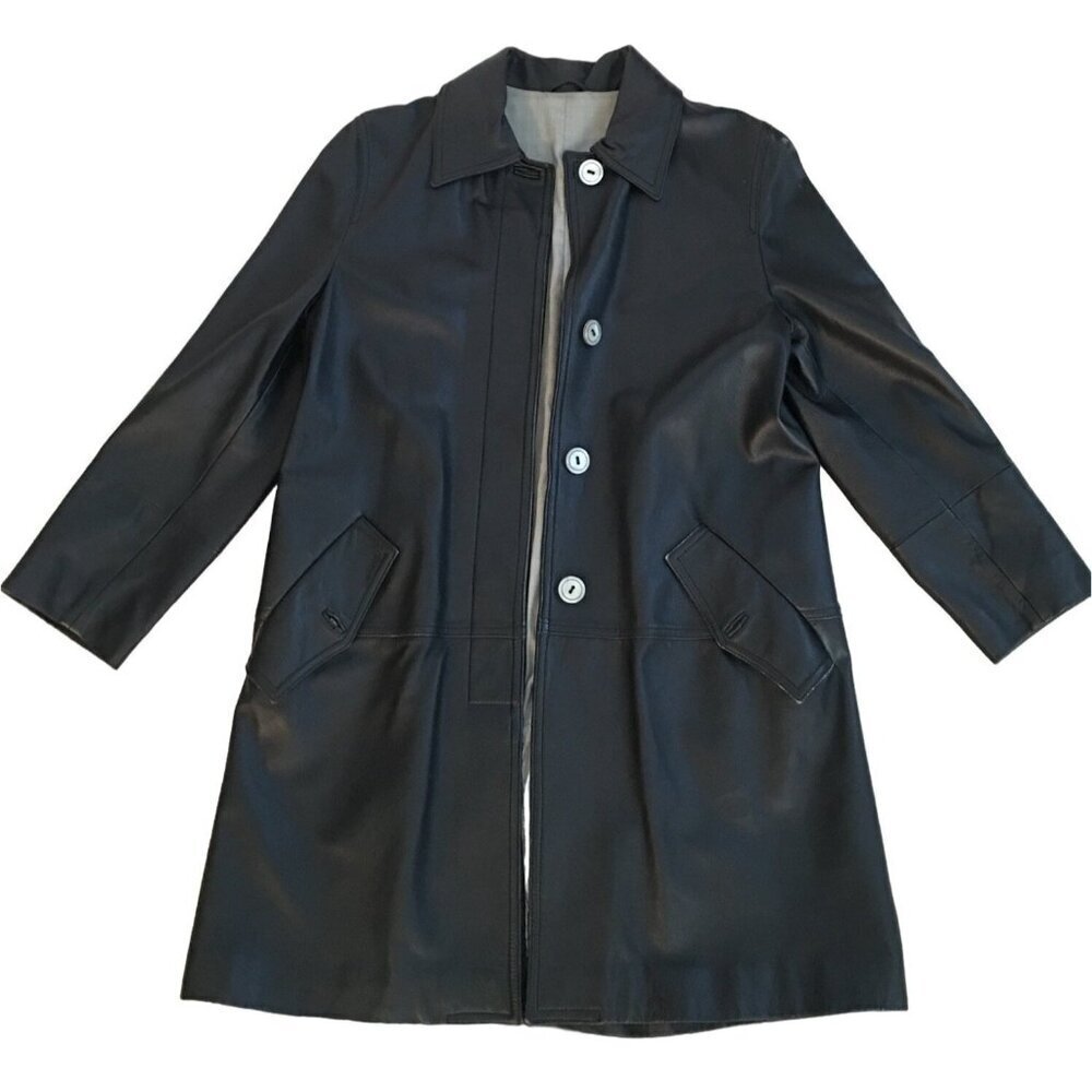 Marco Pierguidi Womens Black Genuine Leather Long Coat Size 44 Made In Italy